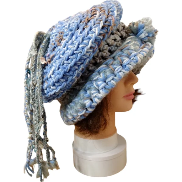 Slouchy beret bohemian blue bead hand-knit hat - Picture 5 of 11